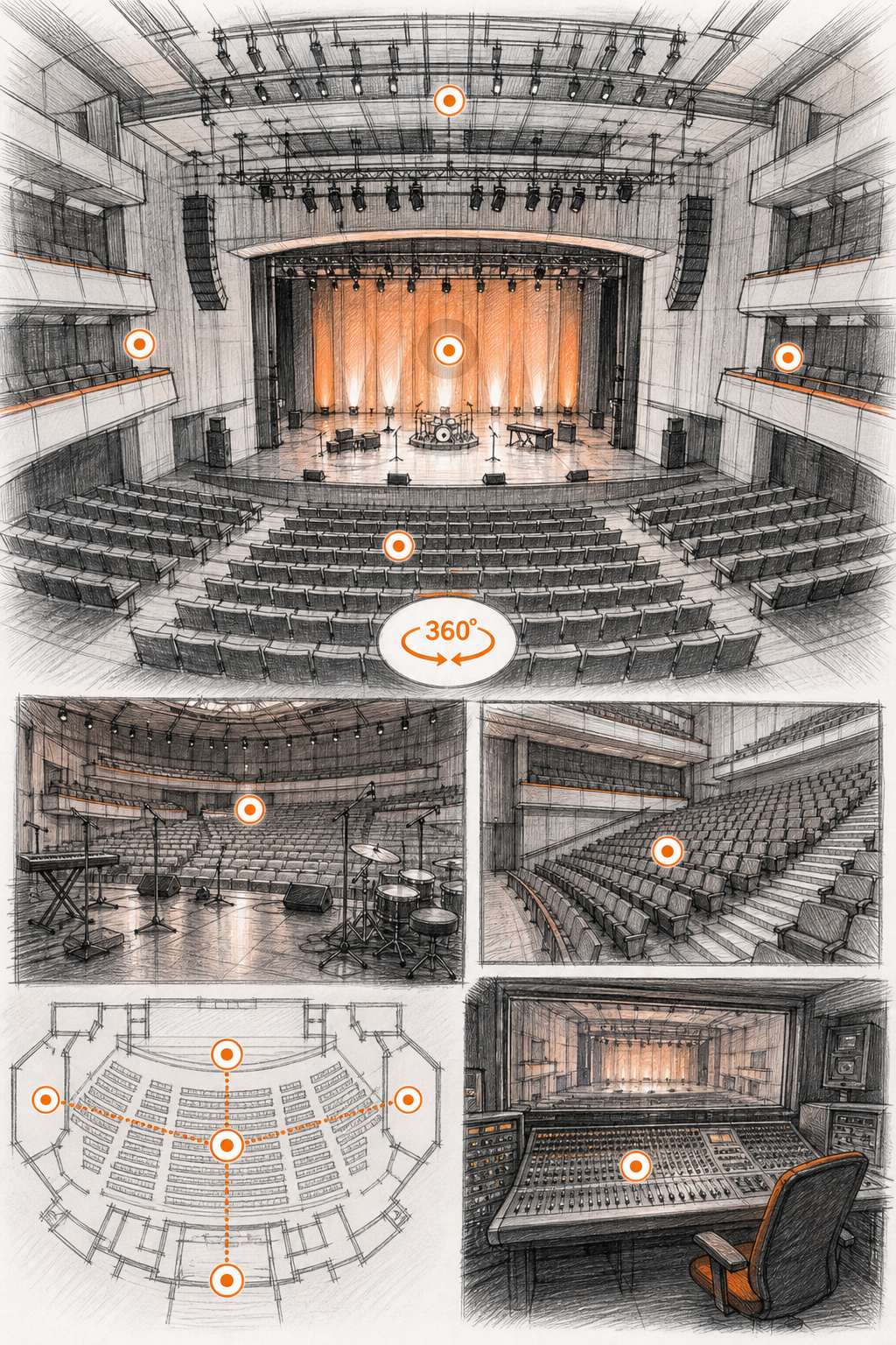 Prix moyen visite virtuelle 360 salle de concert : guide pas à pas 1 Esquisse d'une salle de concert avec des points de repère interactifs pour une visite virtuelle 360°, montrant la scène, les gradins et la régie. Alt: Schéma d'une visite virtuelle 360 interactive pour salle de concert avec hotspots.
