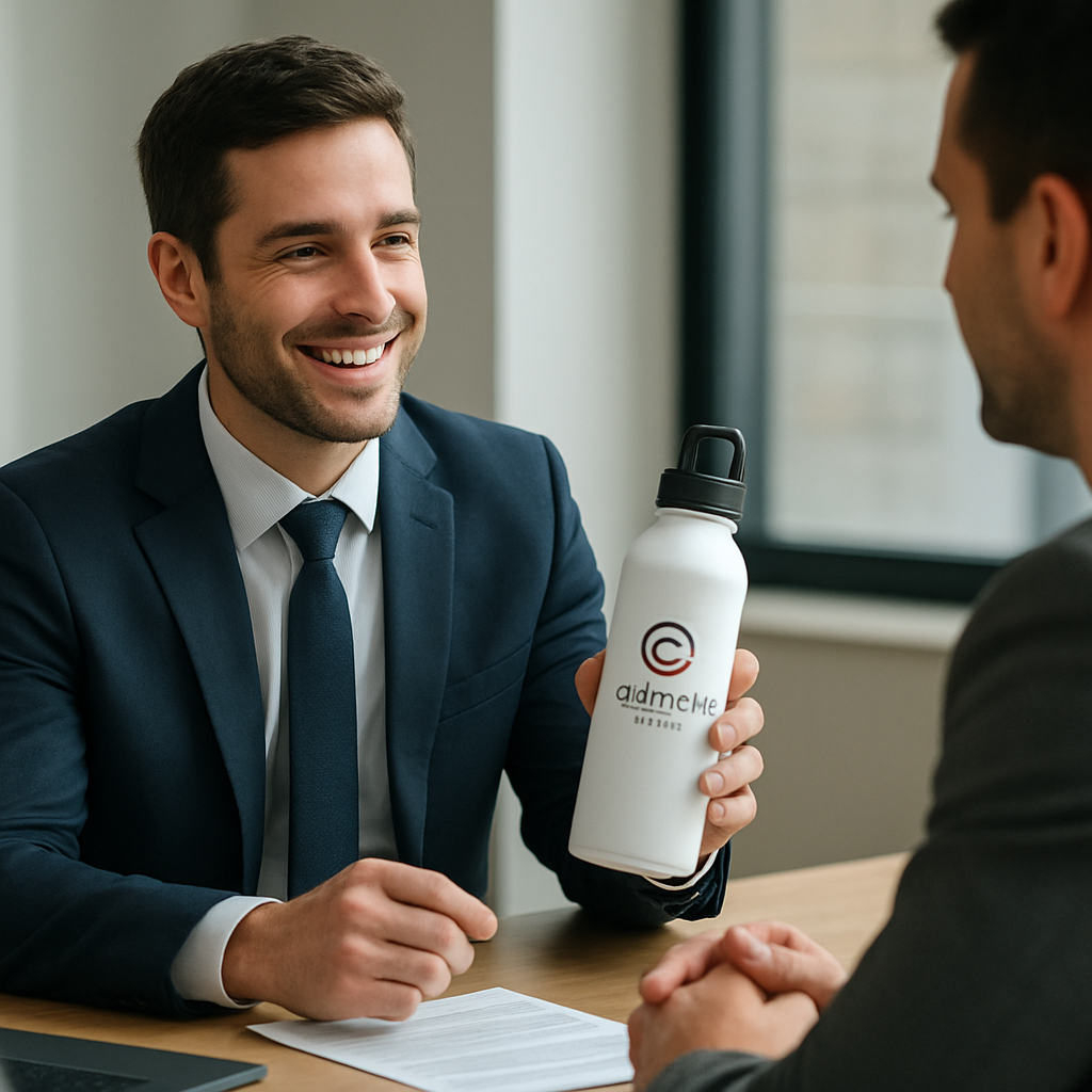 A sales professional holding a custom-branded water bottle during a client meeting, showcasing personalized branding as a subtle closing tool. Alt: probing questions in sales, client gifting, personalized bottles