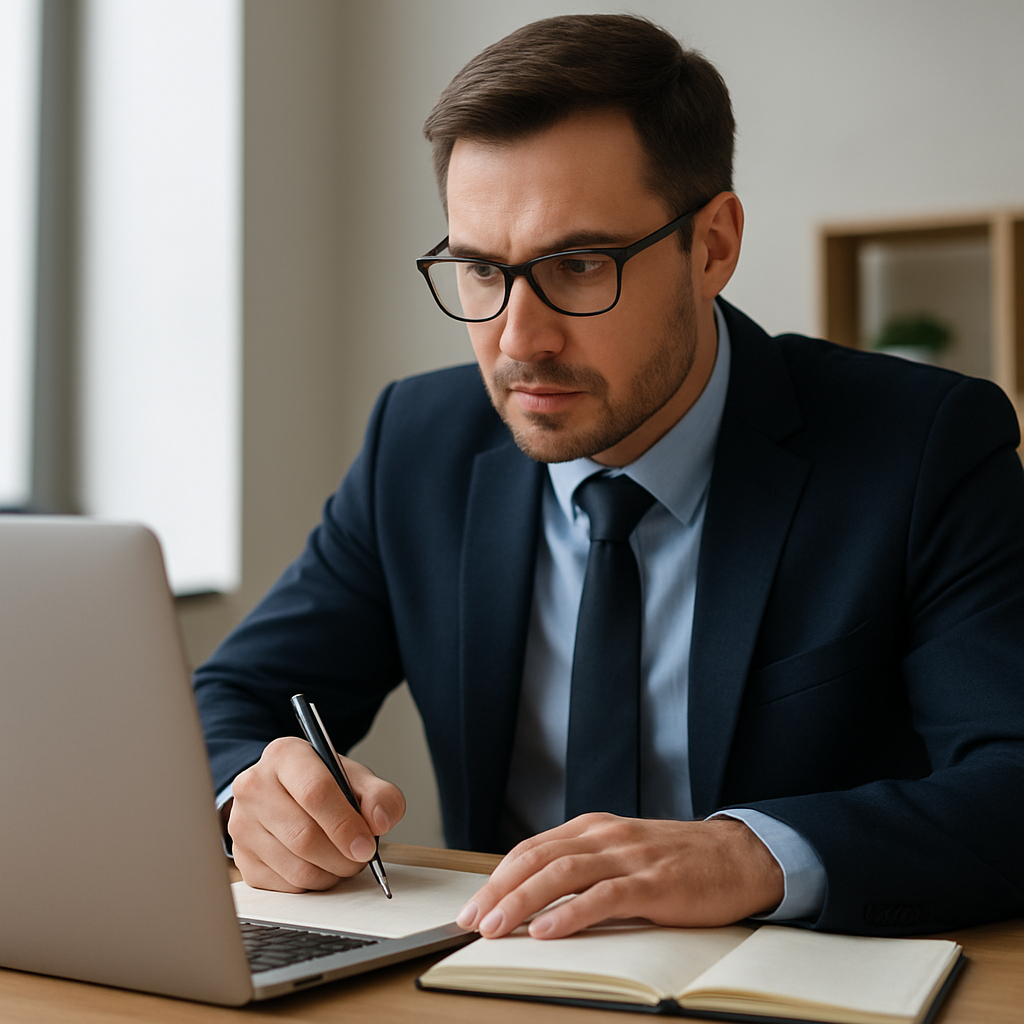A professional sales executive leaning over a laptop, notebook open, jotting down probing questions during a virtual call. Alt: Sales professional crafting effective probing questions in sales conversation.