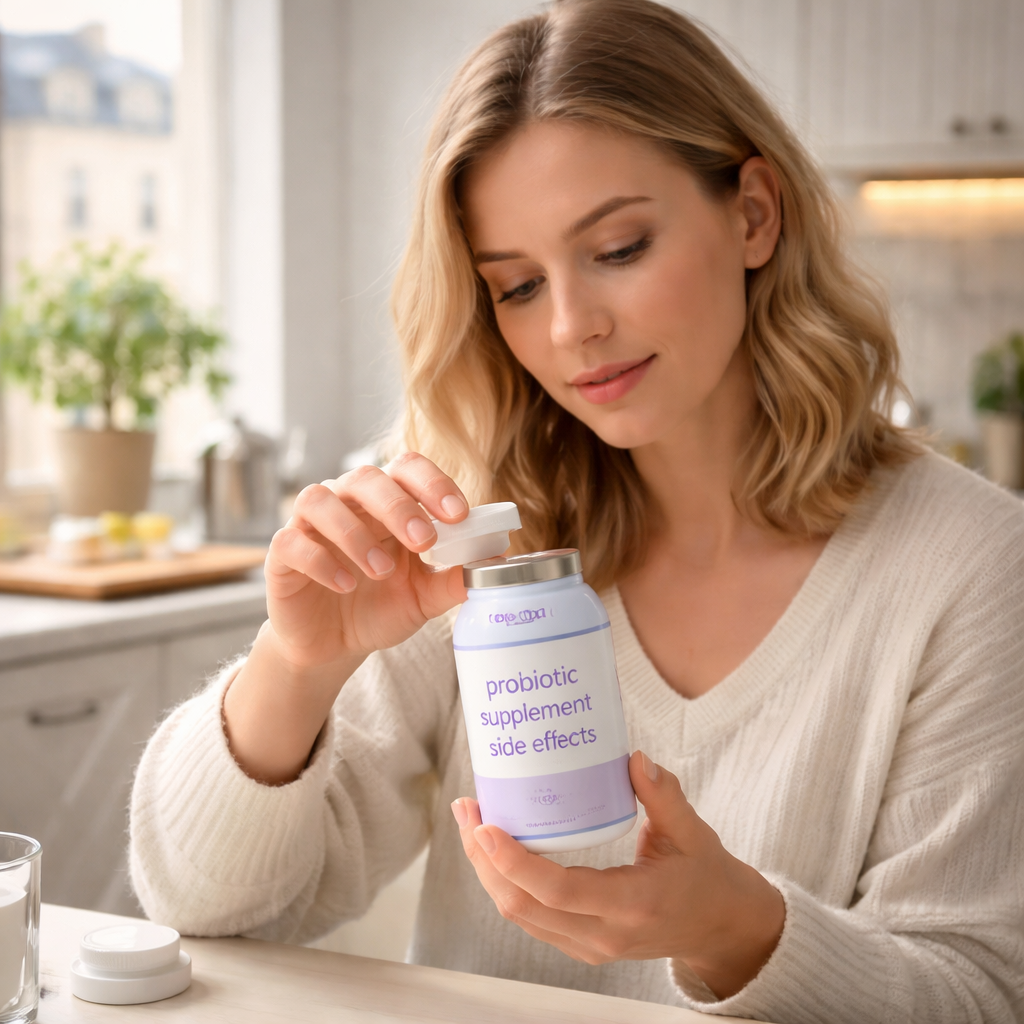 A realistic photo of a person opening a probiotic supplement bottle, looking curious, with a soft focus on the label that reads 