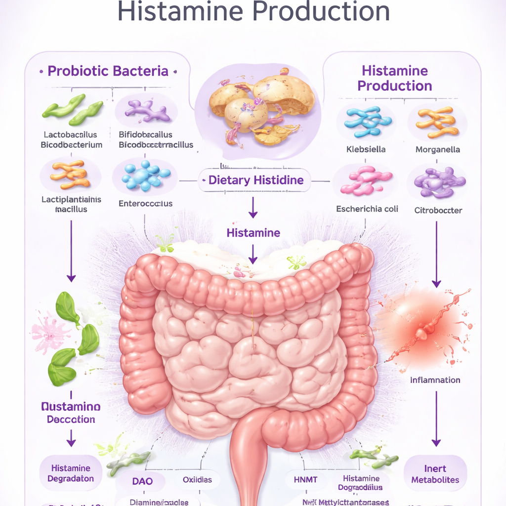 A realistic illustration of a gut microbiome map, highlighting probiotic bacteria and histamine pathways, with clear labels. Alt: gut microbiome histamine production diagram.