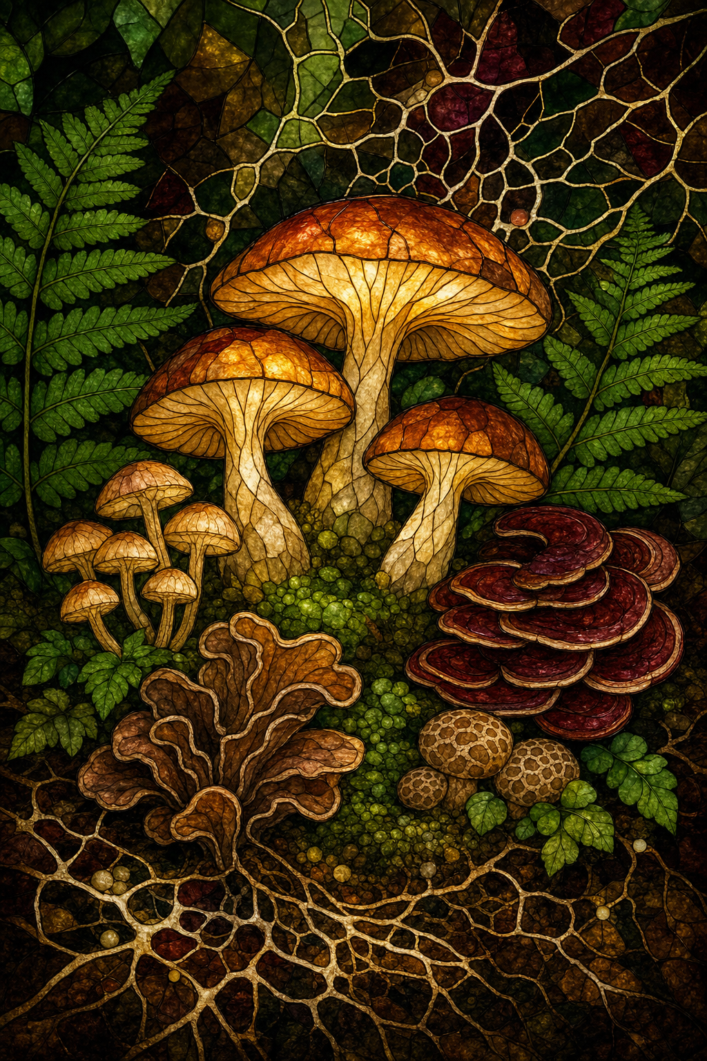 A stained glass composition depicting a forest floor scene with various mushrooms growing among moss and fern leaves, depicted with rich jewel-toned colors in deep greens (#63A15E), burgundy, and gold, the mushroom caps glowing as if lit from within, with delicate mycelium patterns threading through the background. Alt: fermented mushroom blend for probiotic gut health support illustrated in stained glass style.