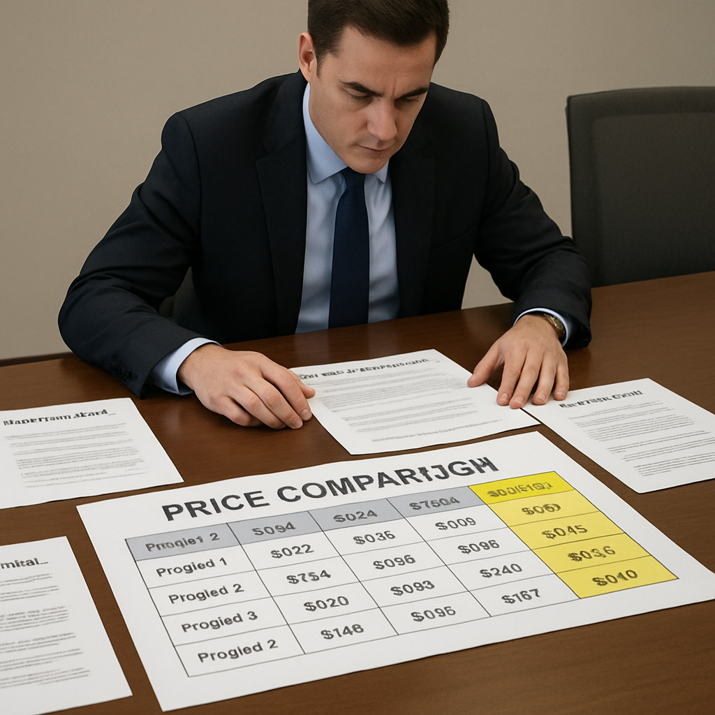A professional procurement manager reviewing multiple vendor proposals on a large conference table, with charts showing price comparisons and a highlighted “Best Value” column. Alt: procurement negotiation strategies competitive bidding analysis chart