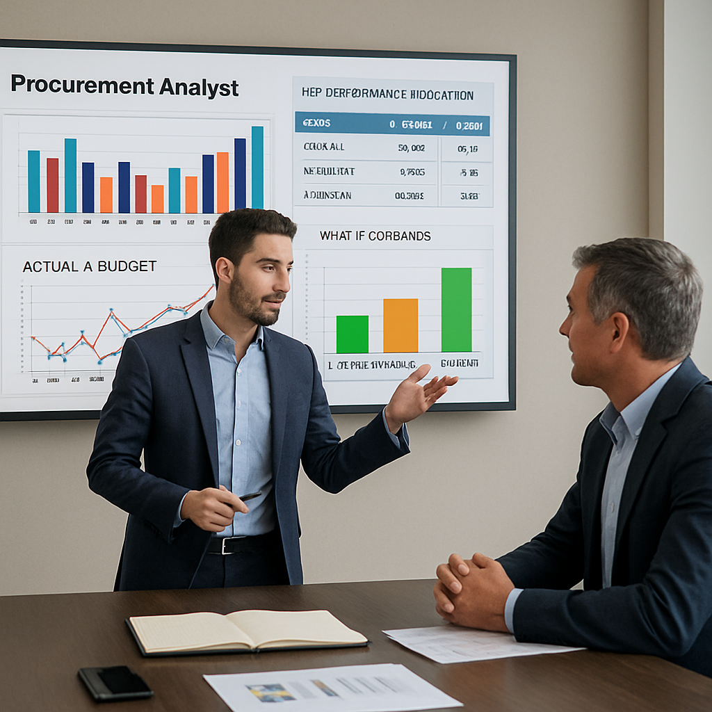 A procurement analyst presenting a colorful data dashboard to a supplier in a conference room, highlighting variance charts and what‑if scenarios. Alt: Data‑driven negotiation tactics visualized with charts and tables.