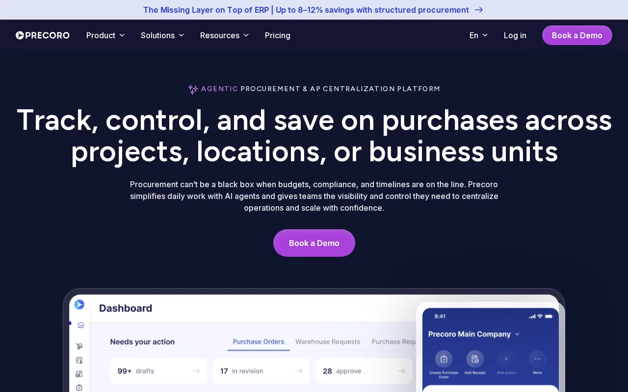 Screenshot of the Precoro website