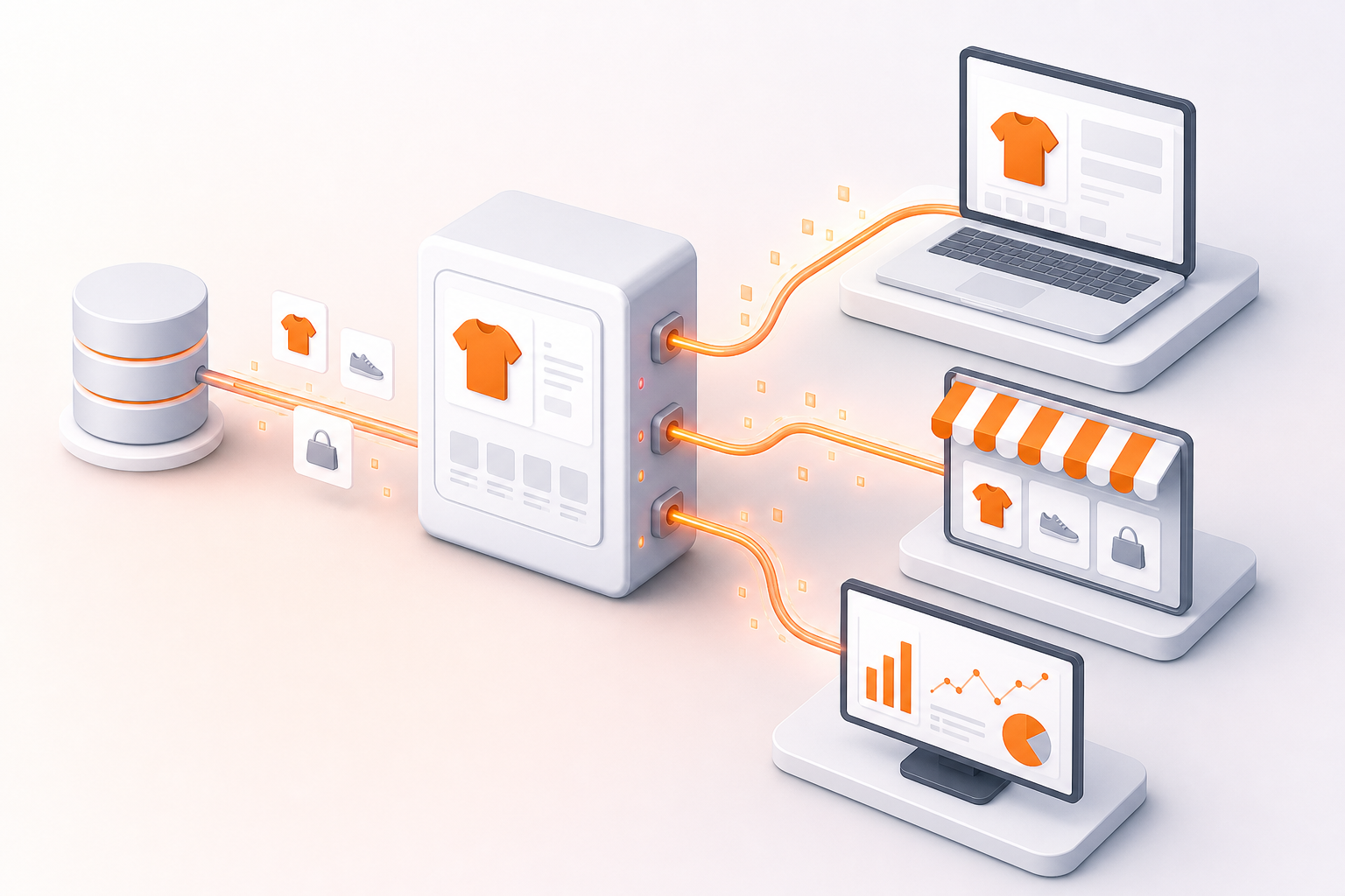 An illustration of a data pipeline where a central product catalog API streams product data to a storefront, marketplace, and analytics dashboard. Alt: product catalog API data flow diagram