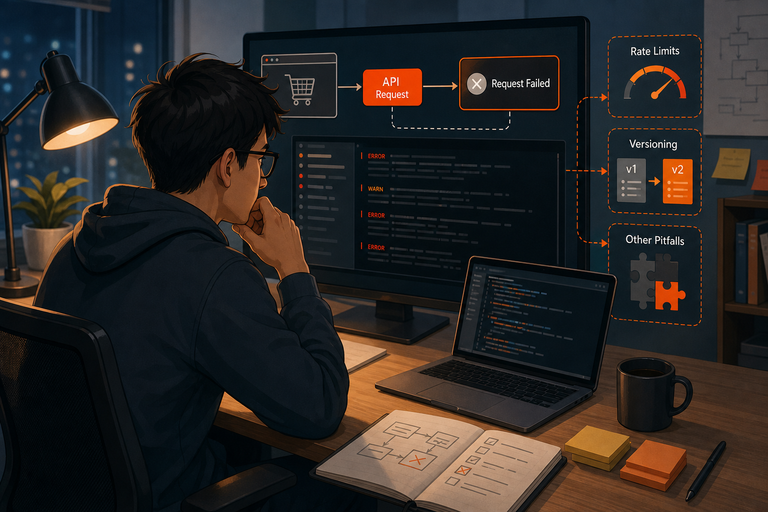 An illustration of a developer looking at error logs while a product catalog API request fails, highlighting common pitfalls like rate limits and versioning. Alt: product catalog API pitfalls diagram