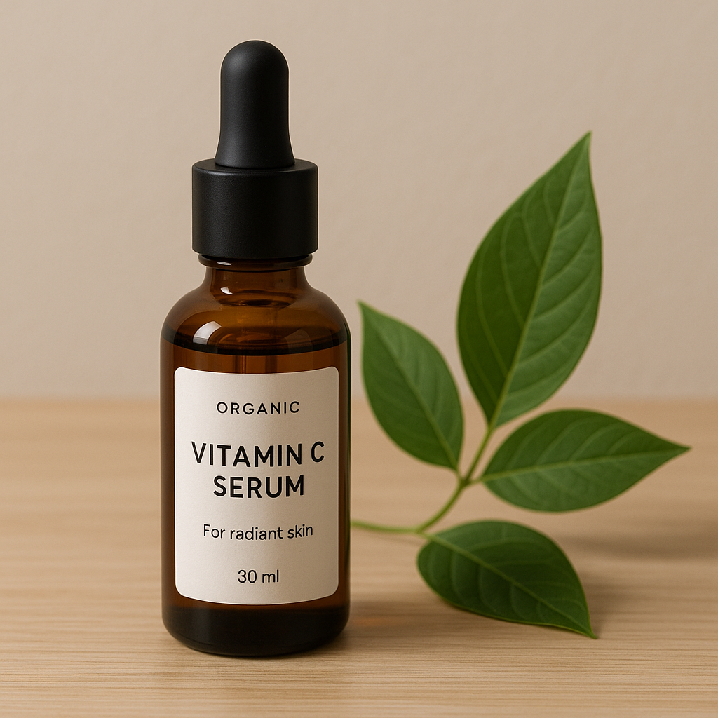 A sleek, eco-friendly vitamin C serum on a minimalist wooden surface, botanical leaves beside it. Alt: Organic vitamin C serum for radiant, environmentally conscious skin.
