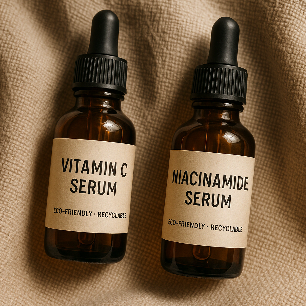 Close-up view of eco-friendly, recyclable serum bottles on a textured organic fabric background. Alt: Sustainable recyclable skincare packaging for vitamin C and niacinamide products.