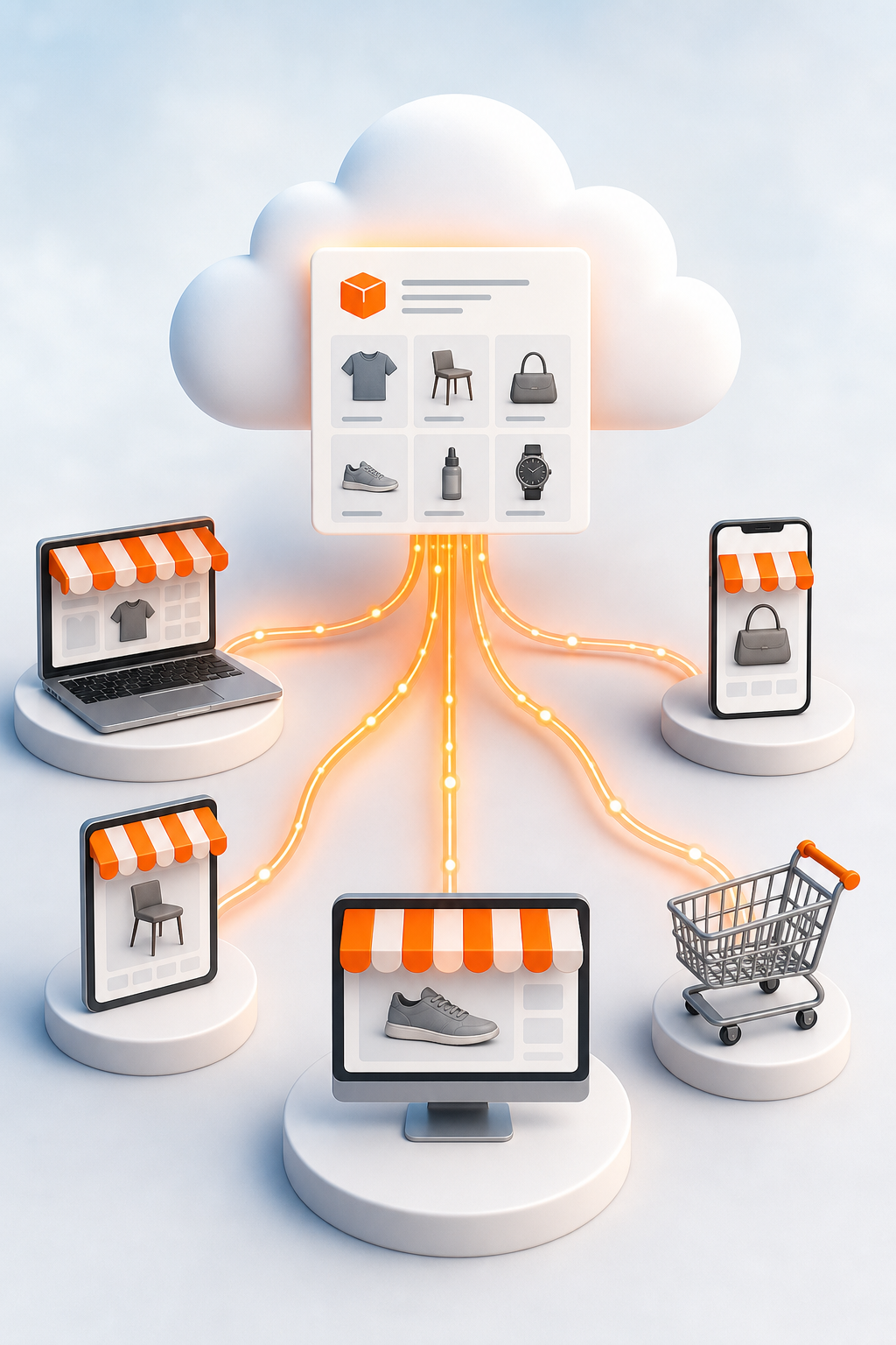 An illustration of a cloud with product data streams flowing to multiple e‑commerce icons, showing smooth integration across channels. Alt: product feed management integration diagram