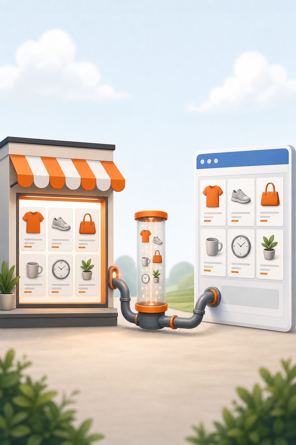 An illustration of a WooCommerce storefront sending product data to Google Merchant Center via a simple pipeline. Alt: Google for WooCommerce feed sync diagram