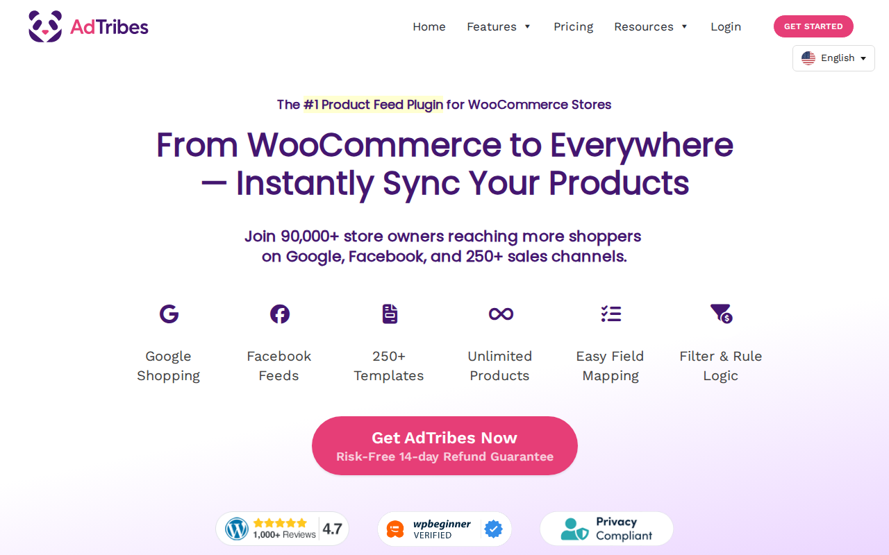 AdTribes Product Feed Pro homepage screenshot