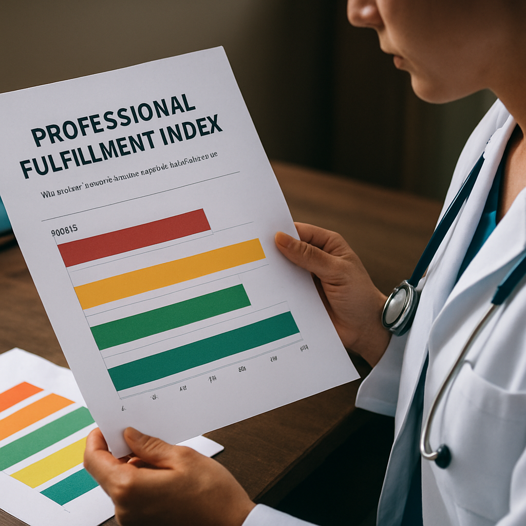 A clinician holding a printed Professional Fulfillment Index PDF, looking at a colour‑coded chart on a desk. Alt: professional fulfillment index pdf visual guide for healthcare workers.