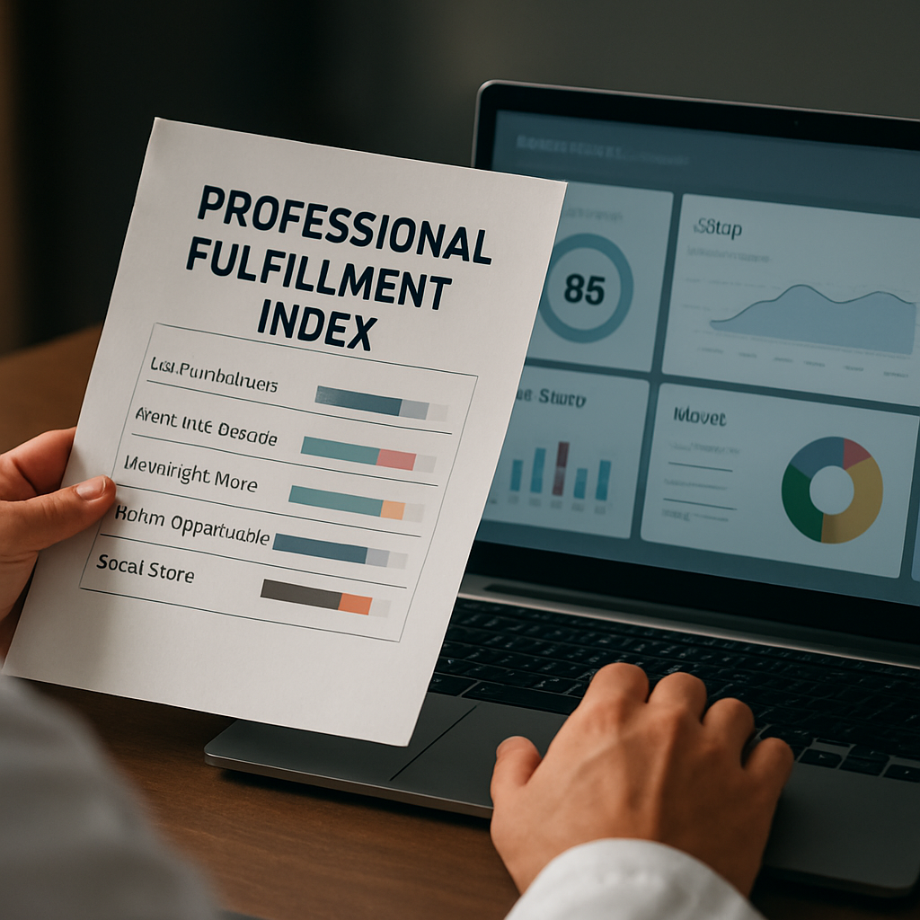 A clinician holding a printed professional fulfillment index pdf while comparing it to a laptop screen showing a digital wellbeing dashboard. Alt: professional fulfillment index pdf vs digital wellbeing tools comparison