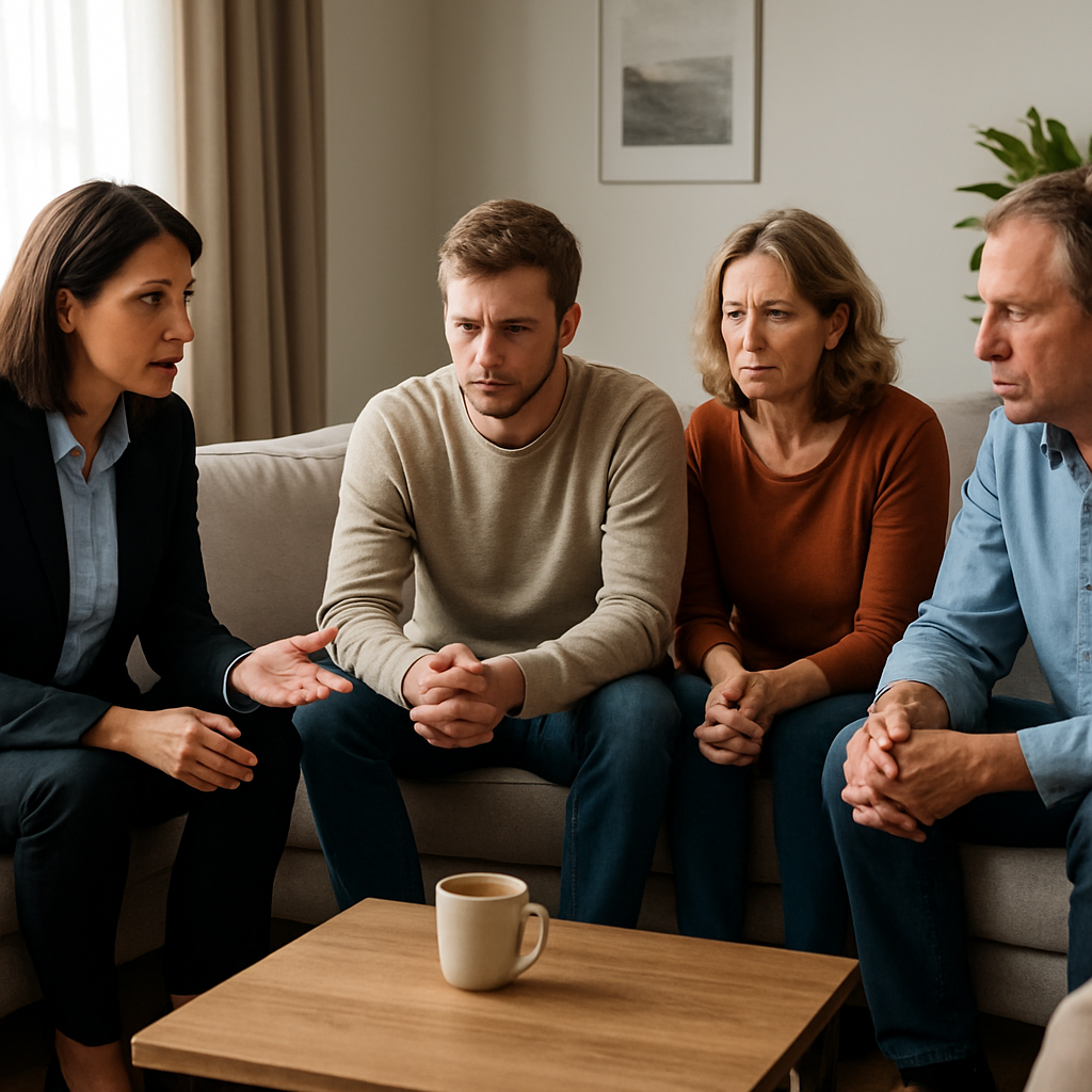 A calm living room setting with a circle of family members and a professional interventionist guiding the conversation. Alt: professional interventionist leading family intervention session