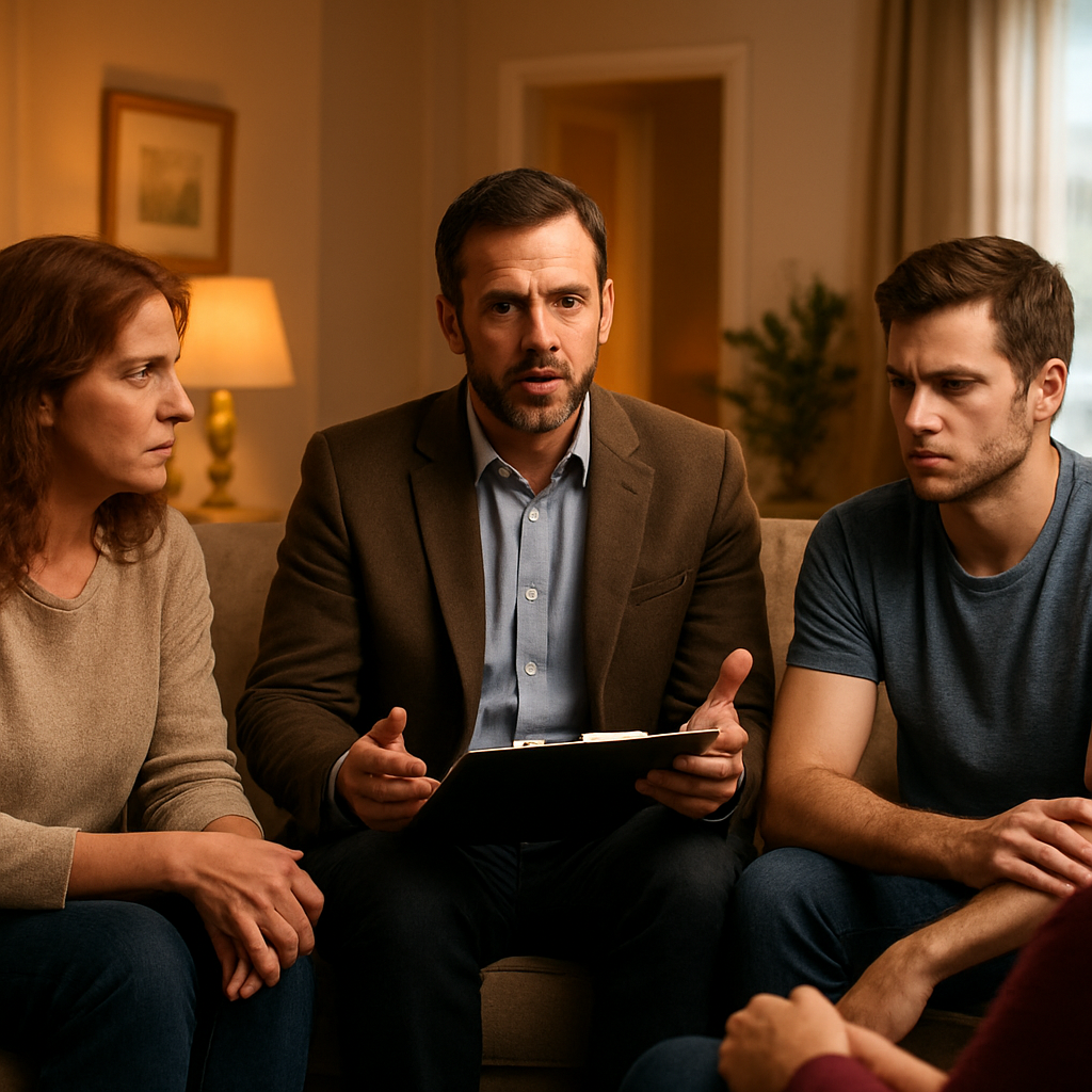 A warm, well‑lit room where a professional interventionist sits between family members, holding a clipboard and guiding the discussion. Alt: professional interventionist facilitating a family intervention session