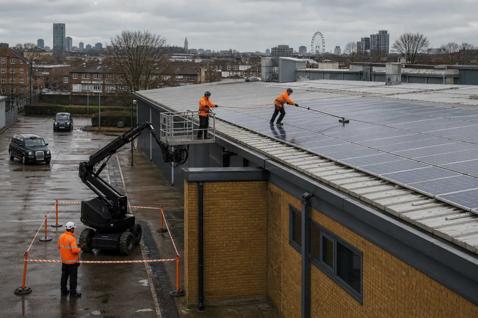 Safe access planning for professional solar panel cleaning on a UK commercial roof.
