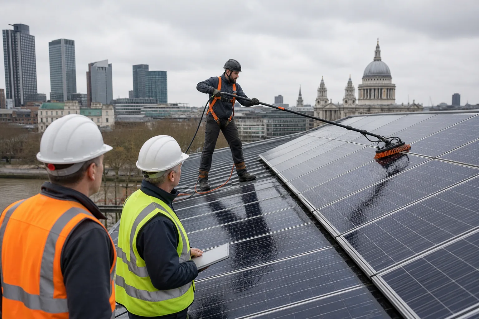 A careful water-fed pole cleaning process on a UK commercial solar array.