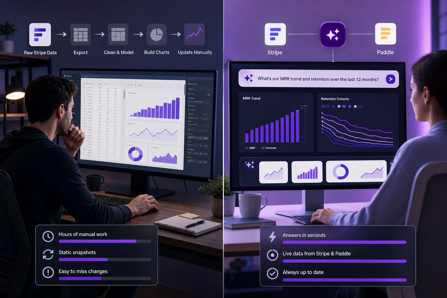 Comparison of fixed SaaS dashboards and AI-generated revenue charts.
