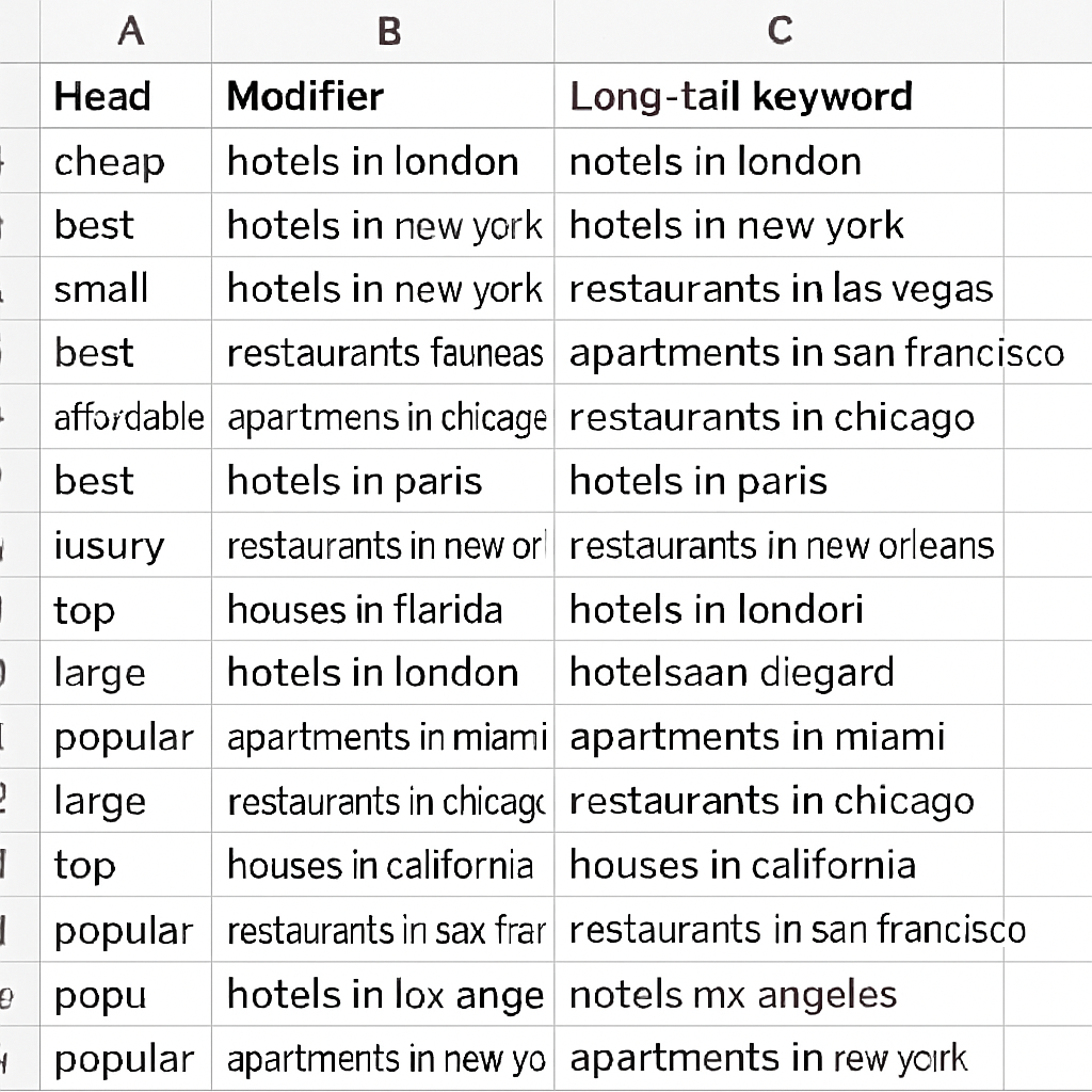 A screenshot of a spreadsheet filled with head terms and modifiers, showing rows of long‑tail keyword combos. Alt: programmatic seo keyword spreadsheet