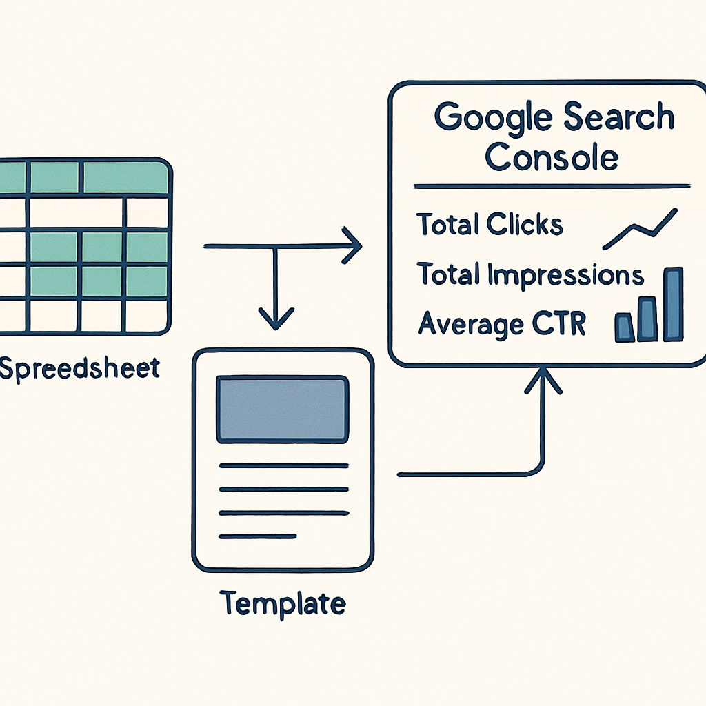An AI‑generated illustration of a data‑driven SEO workflow, showing a spreadsheet feeding into a template, with arrows pointing to Google Search Console metrics. Alt: programmatic seo examples workflow diagram showing optimization at scale.