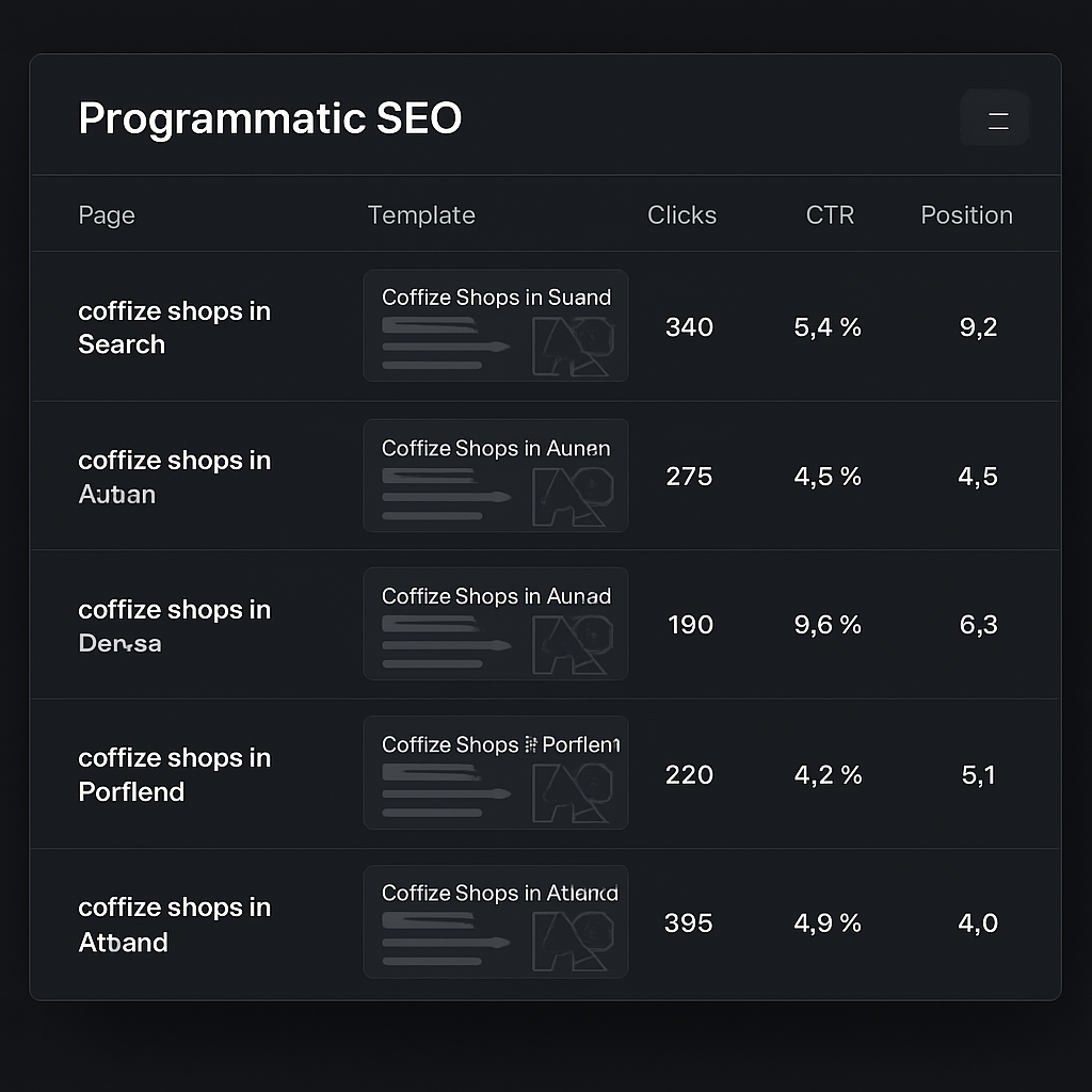 A sleek dashboard showing a list of generated programmatic SEO pages, each with a unique long‑tail keyword, a data‑filled template preview, and performance metrics. Alt: Programmatic SEO tools generating scalable, data‑driven content for long‑tail keywords.