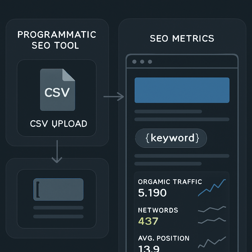 A sleek dashboard showing a CSV upload feeding into a tokenized web page template, with SEO metrics overlayed. Alt: Programmatic SEO tools interface with data-driven page generation
