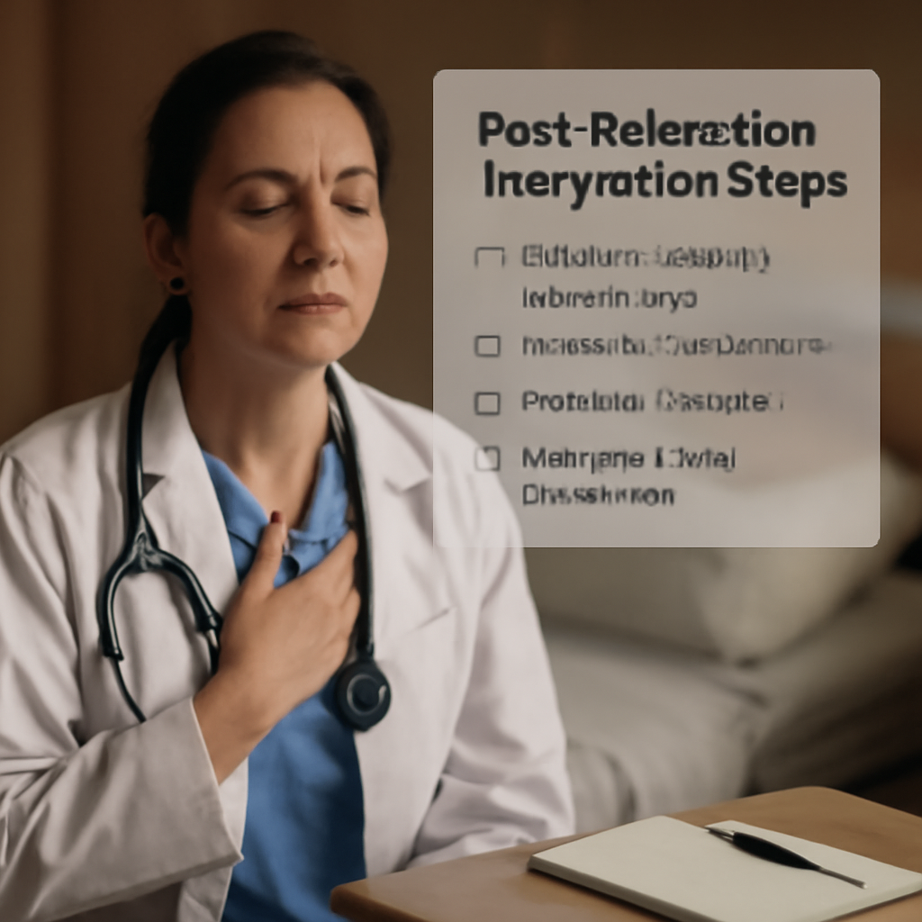 A clinician sitting at a bedside table, eyes closed, hand on chest, with a subtle overlay of a checklist titled