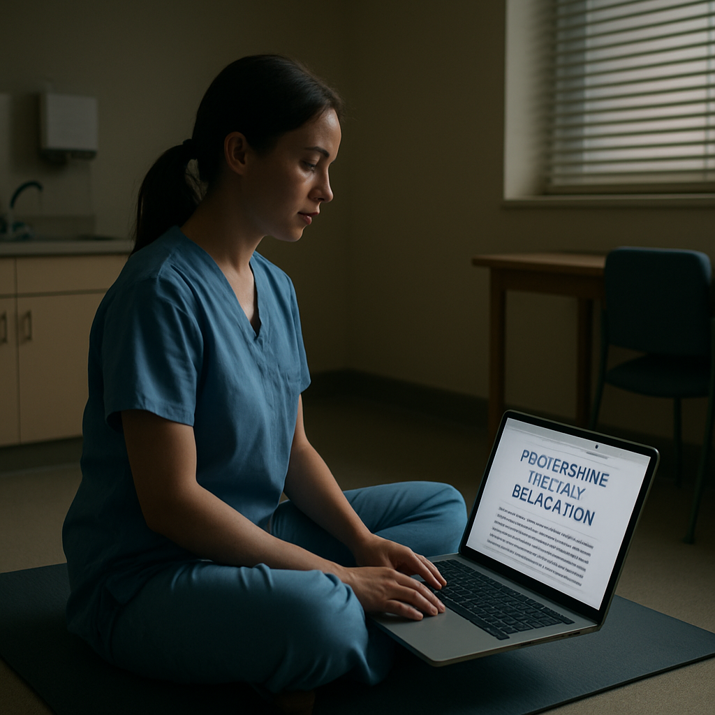 A cinematic, photorealistic scene of a hospital staff member sitting on a rolled yoga mat in a softly lit break room, laptop open to a progressive muscle relaxation script PDF, gentle daylight filtering through blinds, emphasizing calm and focus for clinicians. Alt: Progressive muscle relaxation script PDF in a quiet clinical break space.
