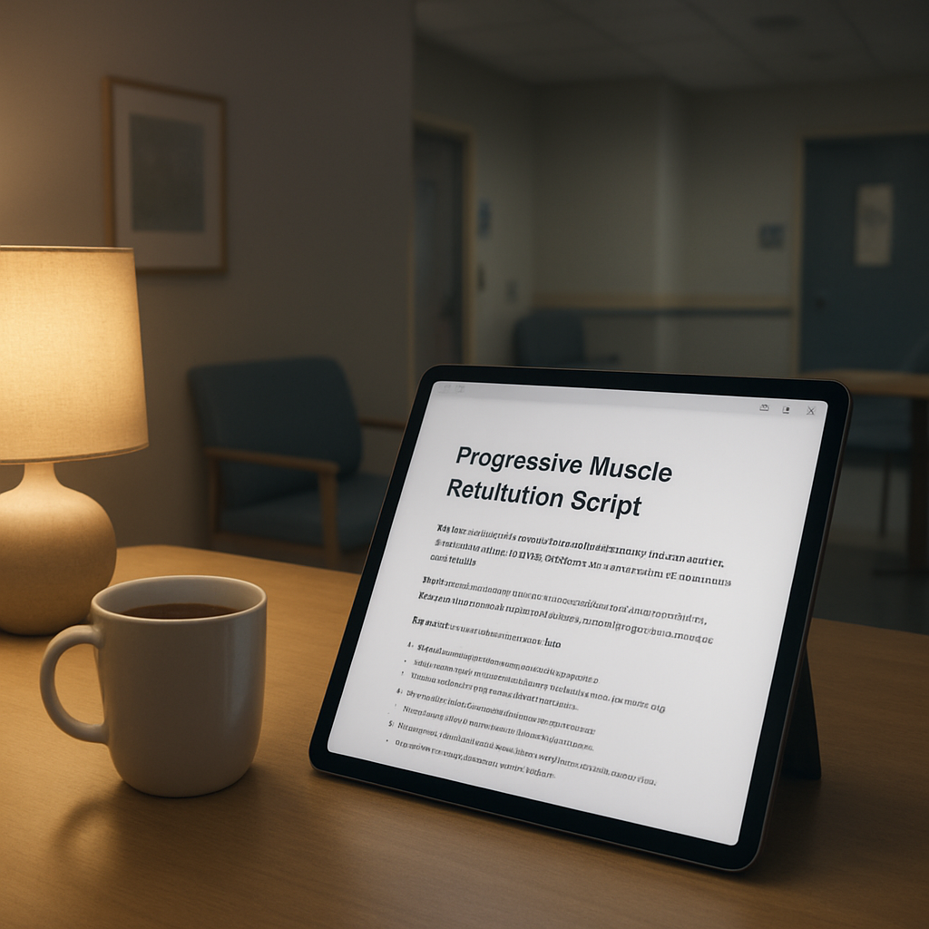 A calm hospital break room with a tablet displaying a progressive muscle relaxation script PDF, a cup of tea, and a soft lamp. Alt: progressive muscle relaxation script PDF in a quiet clinical space