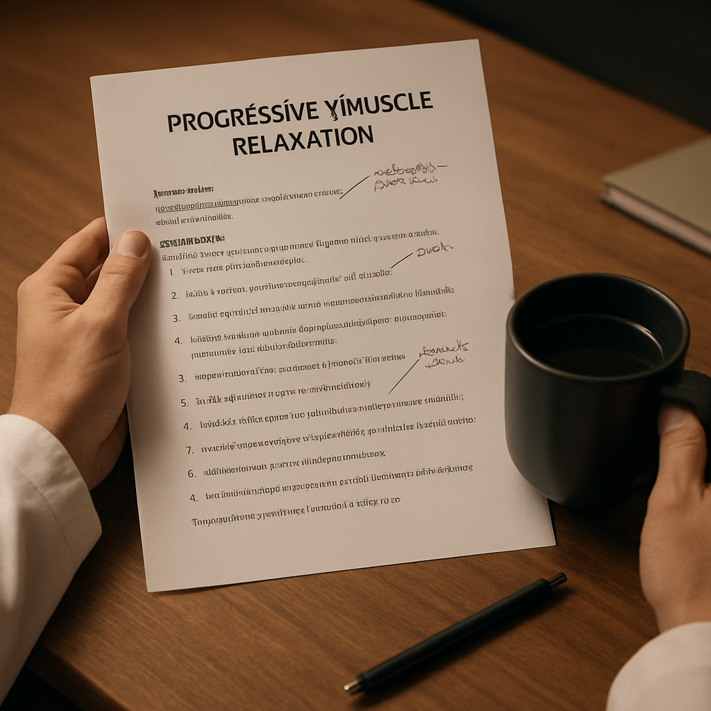 A clinician holding a personalized progressive muscle relaxation script PDF, with handwritten notes and a coffee mug on a desk. Alt: customized progressive muscle relaxation script PDF for healthcare professionals.