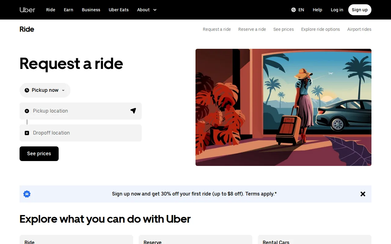 Screenshot of the Uber website