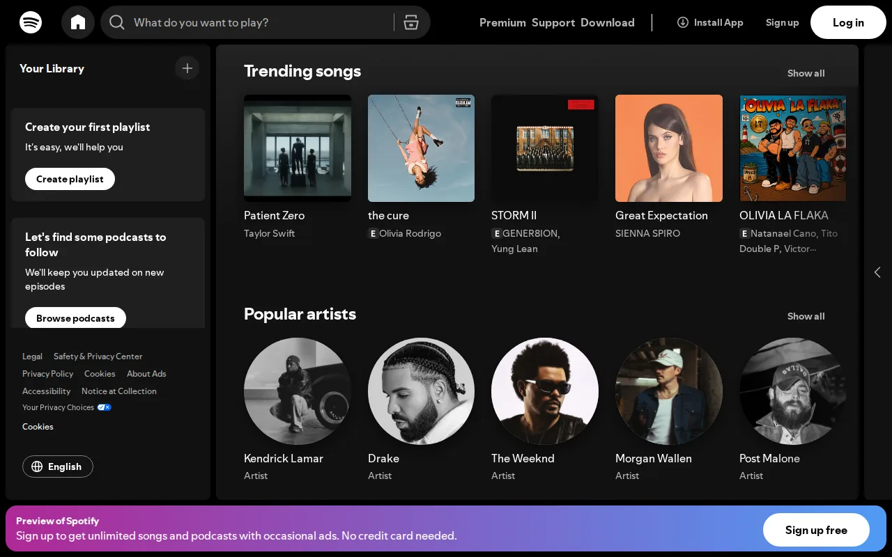 Screenshot of the Spotify Web Player website