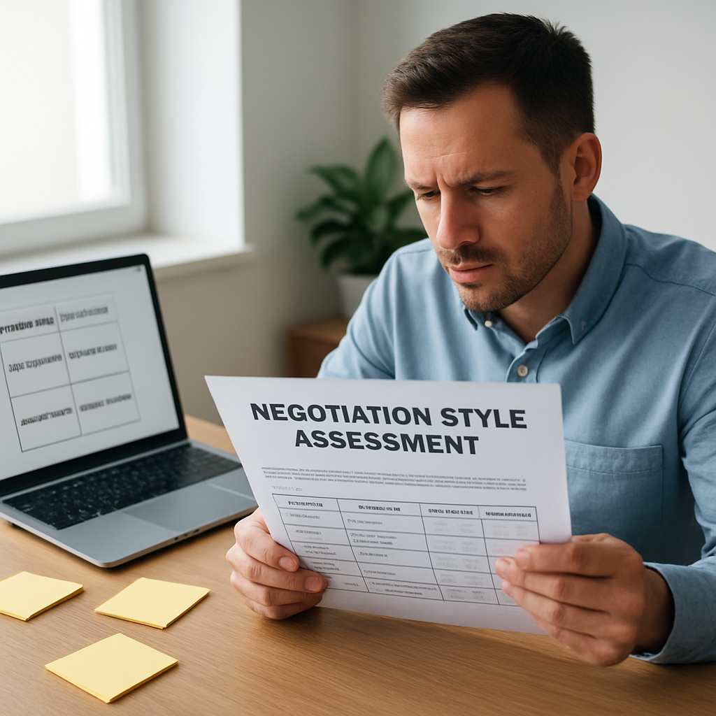 A project manager reviewing a negotiation style assessment worksheet at a desk, with sticky notes and a laptop open to a negotiation framework. Alt: project manager assessing negotiation style worksheet