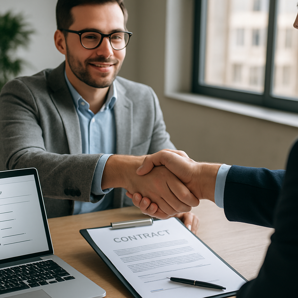 A project manager shaking hands with a stakeholder over a contract, laptop open showing a checklist. Alt: project manager closing agreement effectively