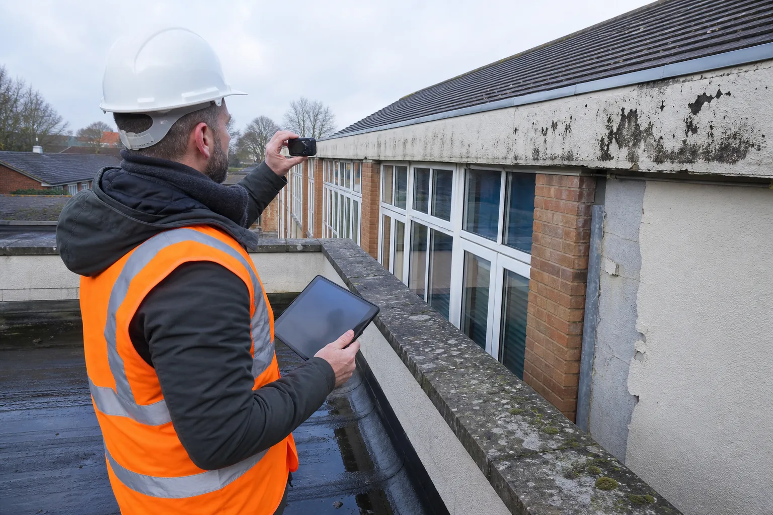 Surveyor documenting roof and façade defects during a UK property condition survey.