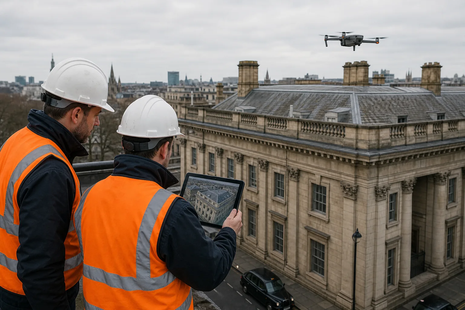 Drone roof and façade inspection supporting a UK property condition survey.