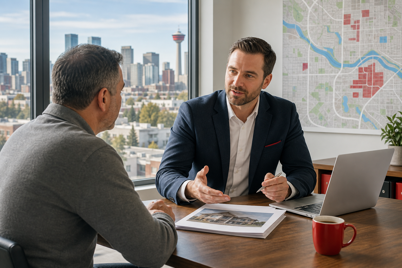 A photorealistic image of a professional real estate agent meeting with a landlord client in a bright Calgary office, with a map of Calgary neighborhoods on the wall. Alt: Calgary landlord consulting with DreamHouse Realty agent