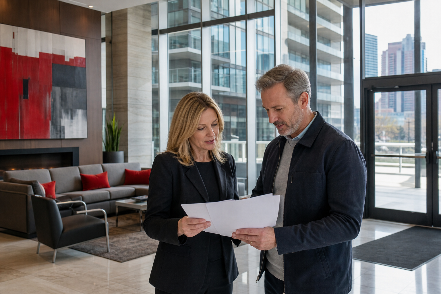 A photorealistic image of a modern condo building in Calgary with a property manager and board member reviewing documents inside a bright lobby. Alt: Condo board meeting with C-Era property manager in Calgary
