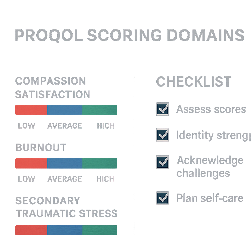 A clean, modern infographic showing the three ProQoL domains—Compassion Satisfaction, Burnout, Secondary Traumatic Stress—with color‑coded bars indicating low, average, and high ranges, plus a simple checklist beside it. Alt: ProQoL scoring domains infographic with actionable checklist.