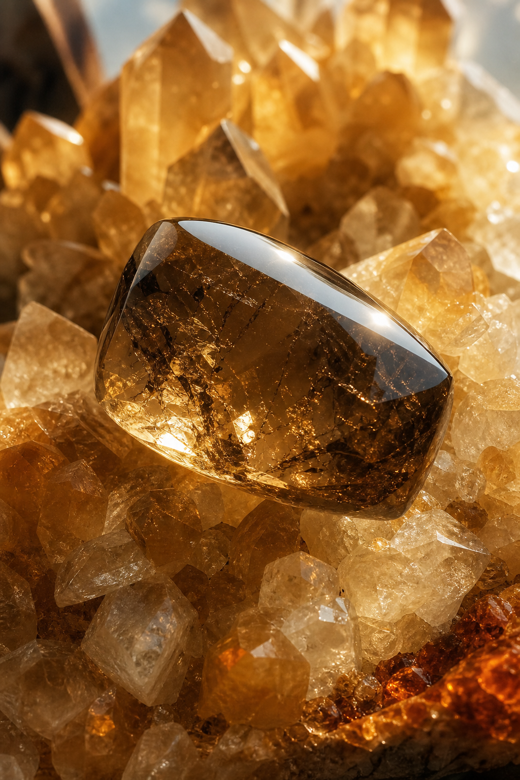 A photorealistic image of a polished smoky citrine gemstone on a bed of citrine crystals, with warm sunlight streaming in. Alt: Smoky citrine crystal for protection and positivity.