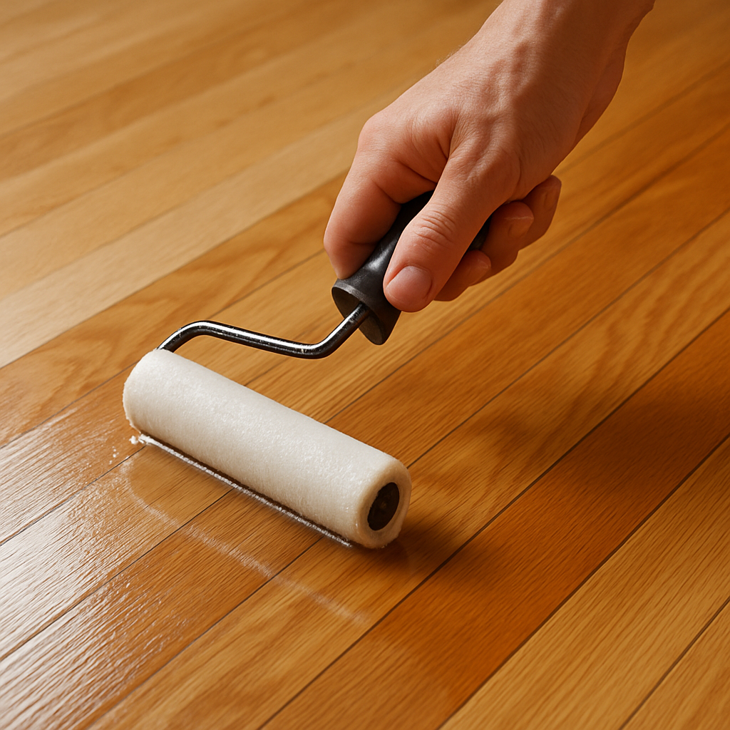 A close‑up of a hand gently rolling a clear water‑based finish onto a hardwood floor, showing even brush strokes and a glossy sheen. Alt: Application de vernis à base d’eau pour protection plancher de bois contre l’eau.