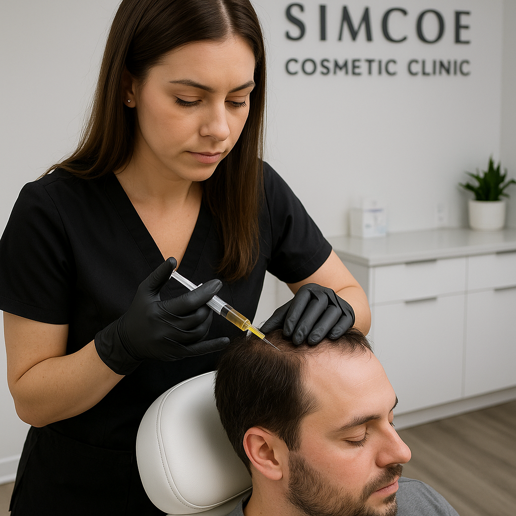 Medical professional administering PRP therapy injection to scalp in modern Barrie clinic. Alt: PRP therapy Barrie scalp treatment at Simcoe Cosmetic Clinic