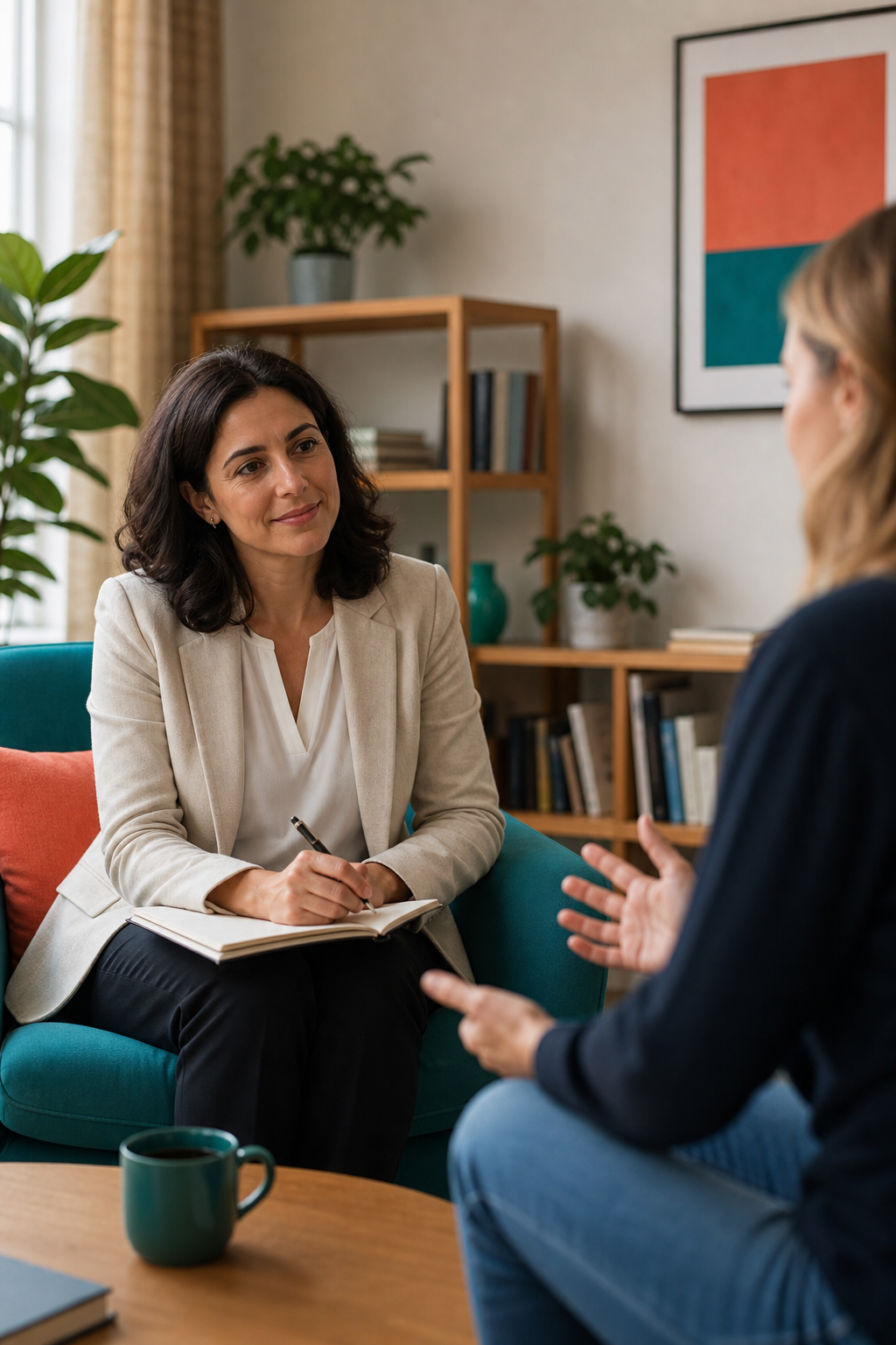 A warm, realistic photo of a therapist sitting across from a client in a cozy office, with soft natural light, conveying trust and calm. Alt: Psychiatrist and patient in therapy session