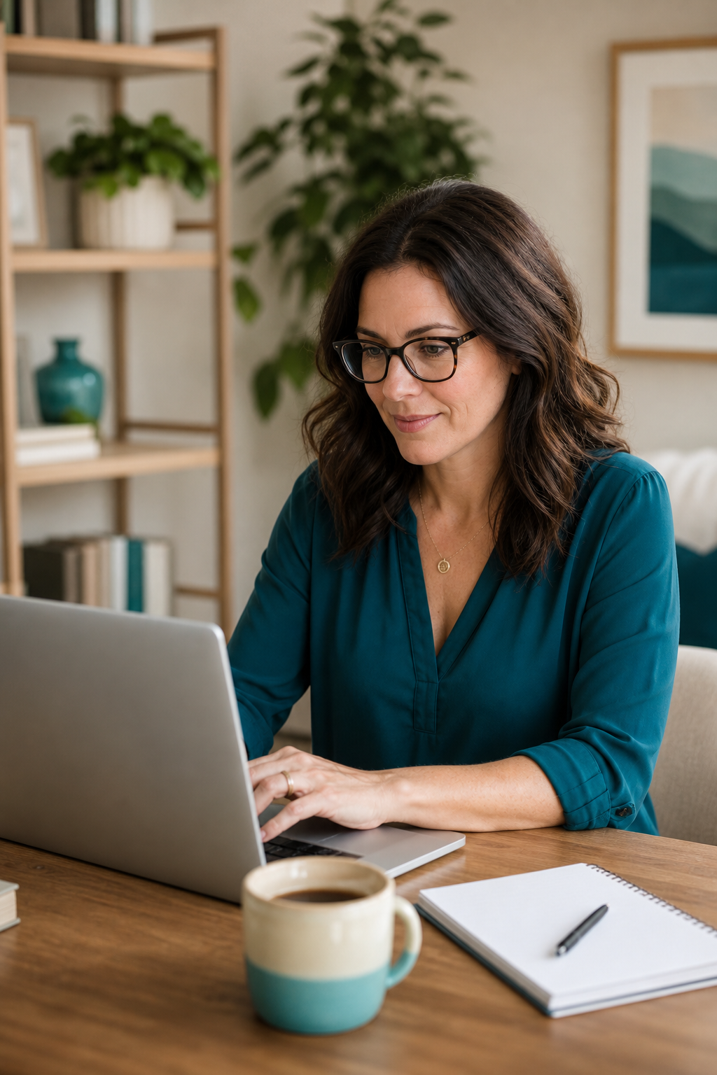 A realistic image of a therapist working at a laptop, with a cup of coffee and a notebook, in a bright home office. Alt: Therapist managing billing tasks on a laptop
