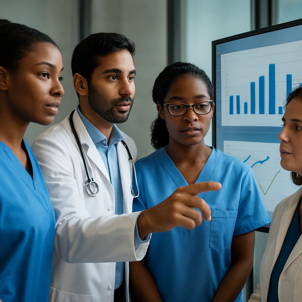 A diverse group of nurses and physicians collaborating around a digital screen, discussing data charts. Alt: Healthcare team reviewing wellbeing metrics.