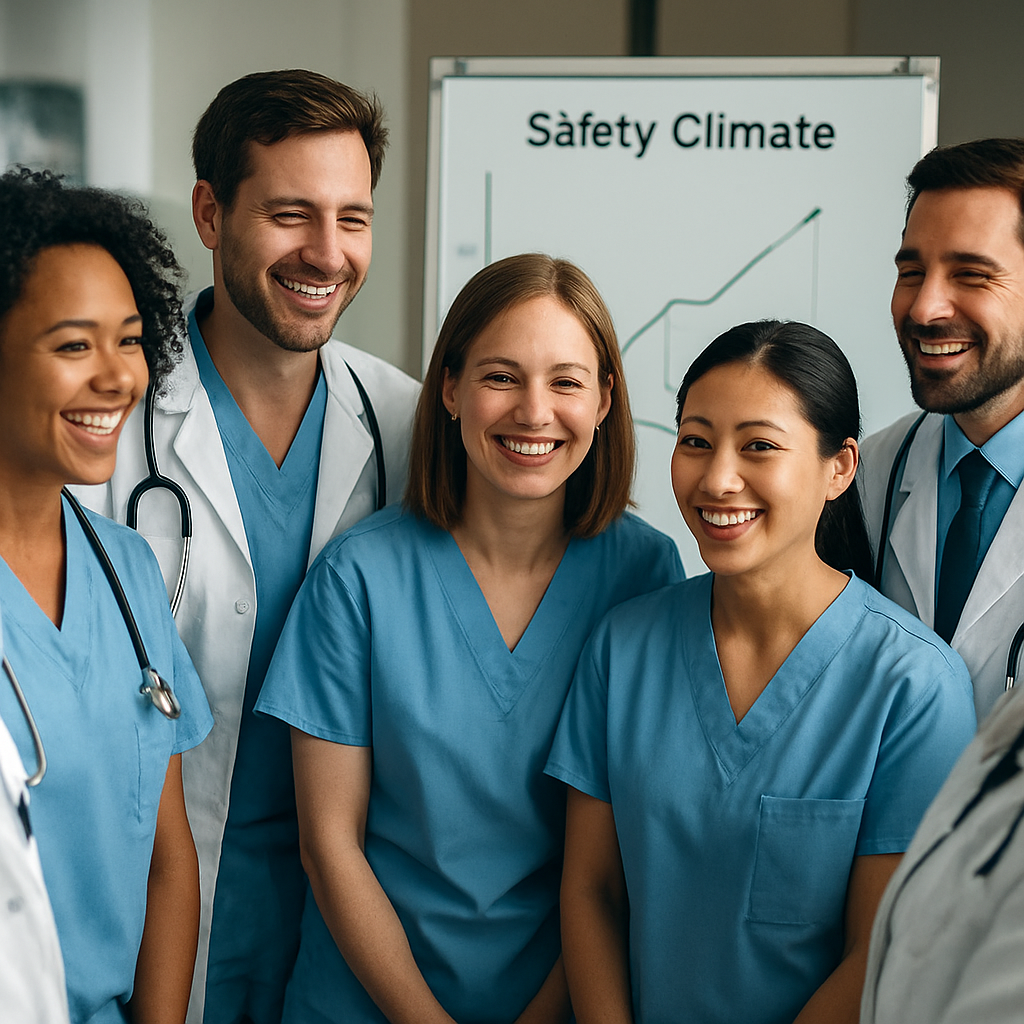 A diverse group of nurses and doctors sitting in a huddle, smiling, with a whiteboard showing a “Safety Climate” graph. Alt: Team huddle visualizing psychological safety metrics