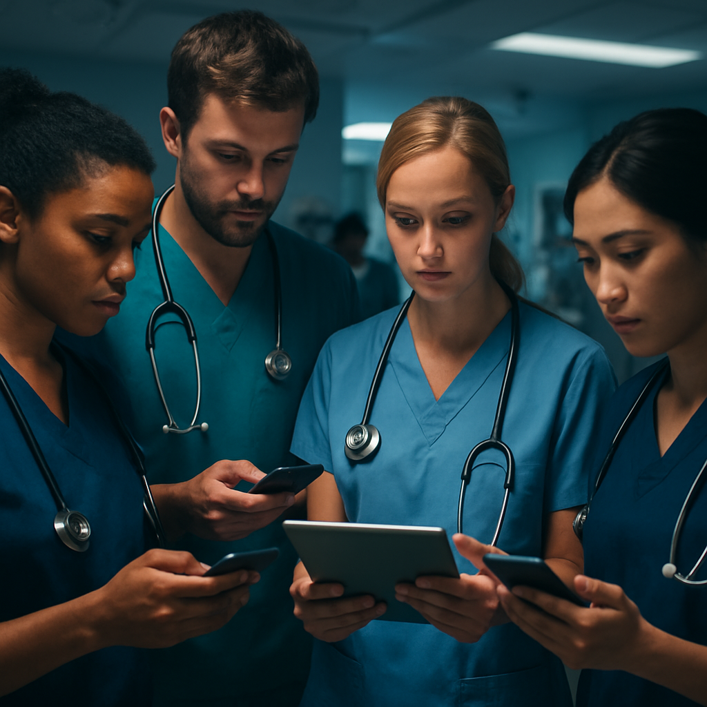 A diverse nursing team around a tablet, each using a handheld device to submit anonymous feedback in a bustling ER. Alt: Healthcare staff using anonymous reporting tool on mobile devices