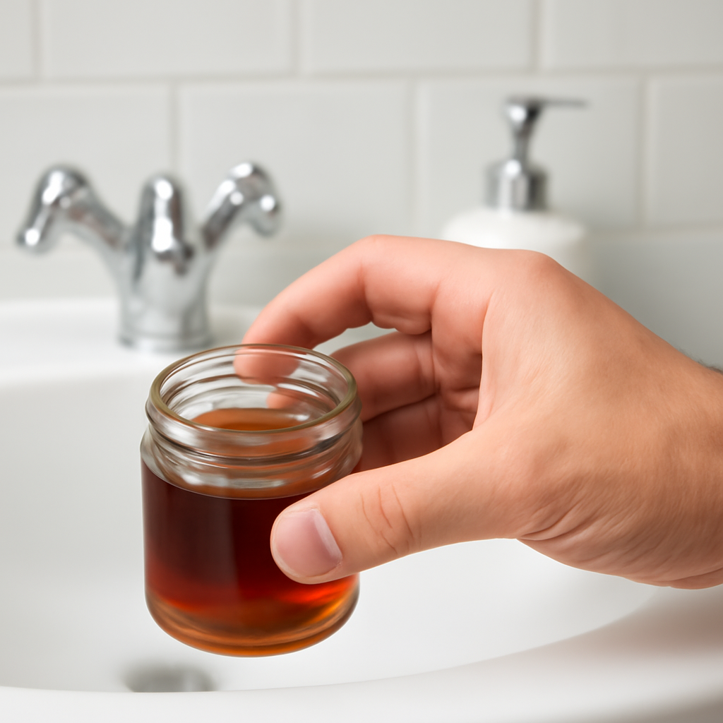 A close‑up of a hand warming pumpkin seed oil in a small glass jar, surrounded by a clean bathroom setting. Alt: Hand warming pumpkin seed oil for scalp treatment.