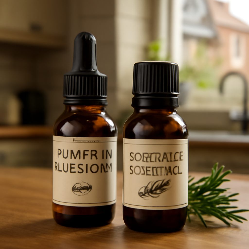 A close‑up of a small dropper bottle of pumpkin seed oil beside a rosemary essential oil bottle, set on a wooden kitchen counter. Alt: Pumpkin seed oil and rosemary essential oil in a natural setting.